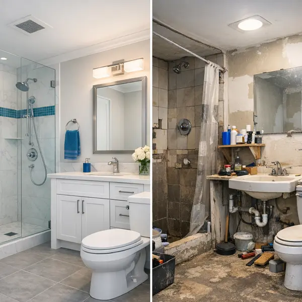 Side-by-side comparison of professional bathroom remodeling versus DIY approach, highlighting differences in quality and finish.