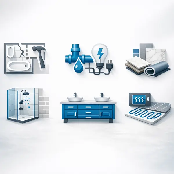 Infographic illustrating bathroom remodeling cost factors such as size, layout, and custom features