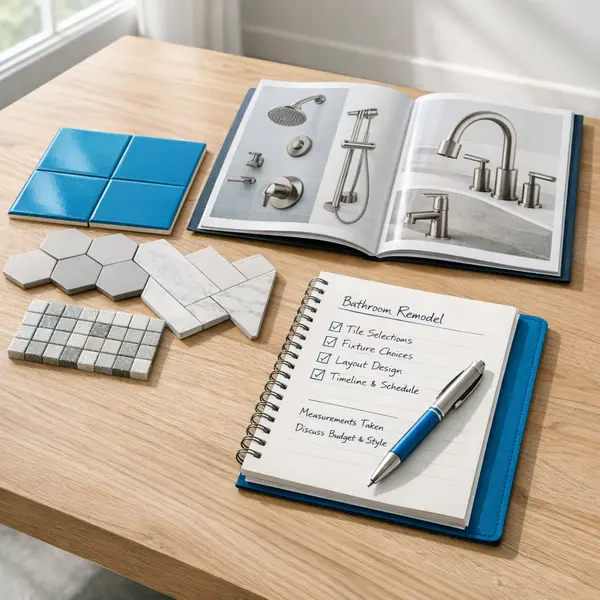 Bathroom remodeling planning workspace with tile samples, Tarzana project checklist, and fixture catalog.