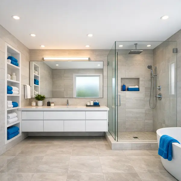 Modern bathroom remodeling project with glass shower, built-in storage, and bright natural light, completed in Winnetka.