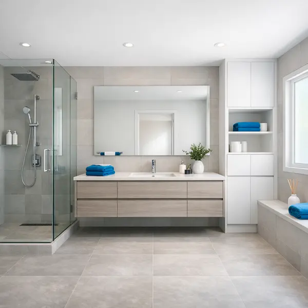 Modern bathroom remodeling featuring clean lines, a glass shower, and custom blue accents by Alvapareen Construction