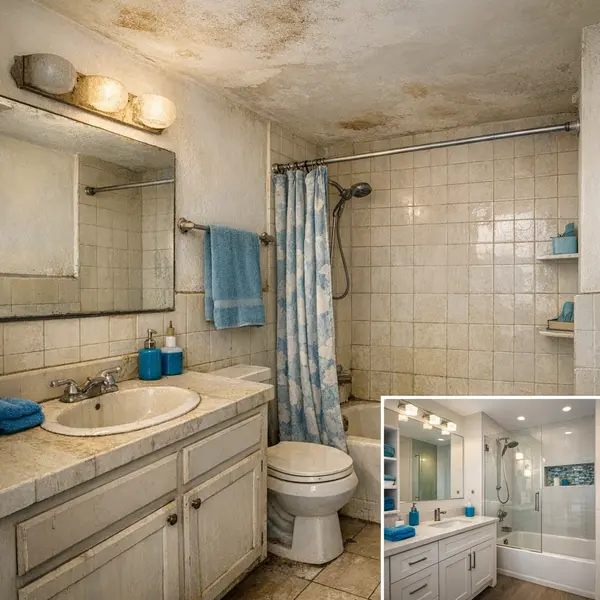 Example of a Tarzana bathroom needing remodeling, showing worn tile, outdated fixtures, and limited storage.