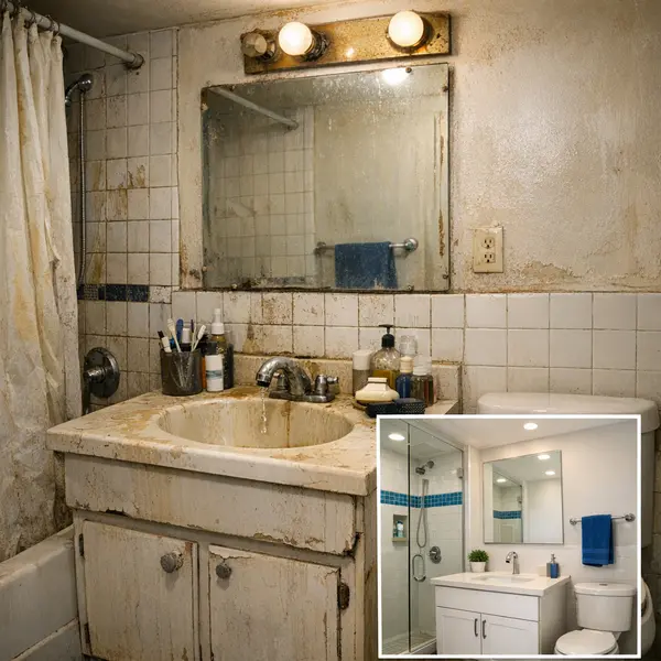 Outdated bathroom with damaged tiles and fixtures before professional bathroom remodeling