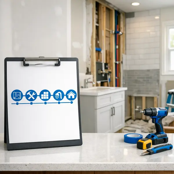 Organized bathroom remodeling process with project timeline and in-progress renovation workspace in Tarzana