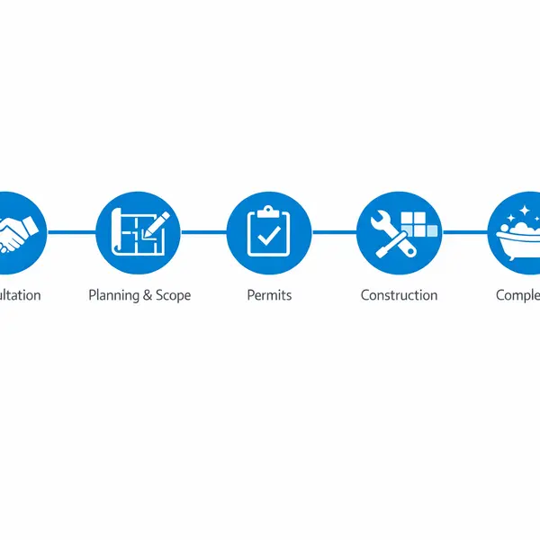 Five-step bathroom remodeling process timeline graphic for Winnetka homeowners and property owners