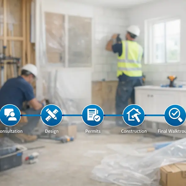 Five-step bathroom remodeling process illustration with modern timeline and construction in progress