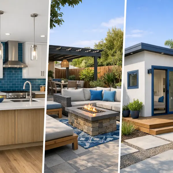 Collage of kitchen, outdoor living, and ADU projects showcasing bathroom remodeling expertise for Winnetka homes.