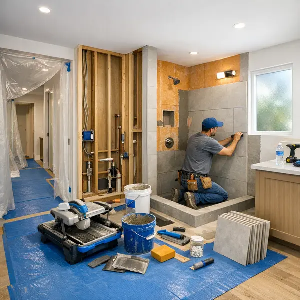 Bathroom remodeling progress in Tarzana showing tile installation, waterproofing, and careful site protection.