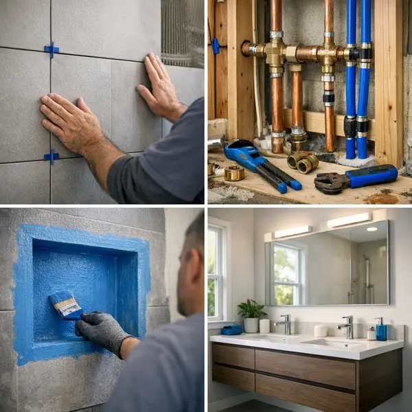 Key phases of bathroom remodeling including tile installation, plumbing rough-in, and vanity setup for Winnetka homeowners