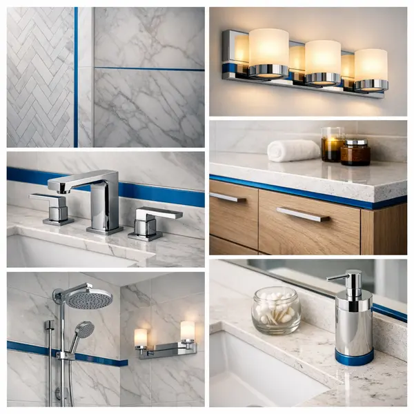 Collage of bathroom remodeling finishes, vanities, faucets, lighting, and tile details by Alvapareen Construction.