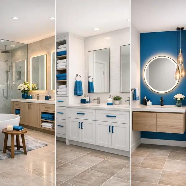 Three remodeled bathrooms showing Alvapareen Construction's bathroom remodeling for modern homes
