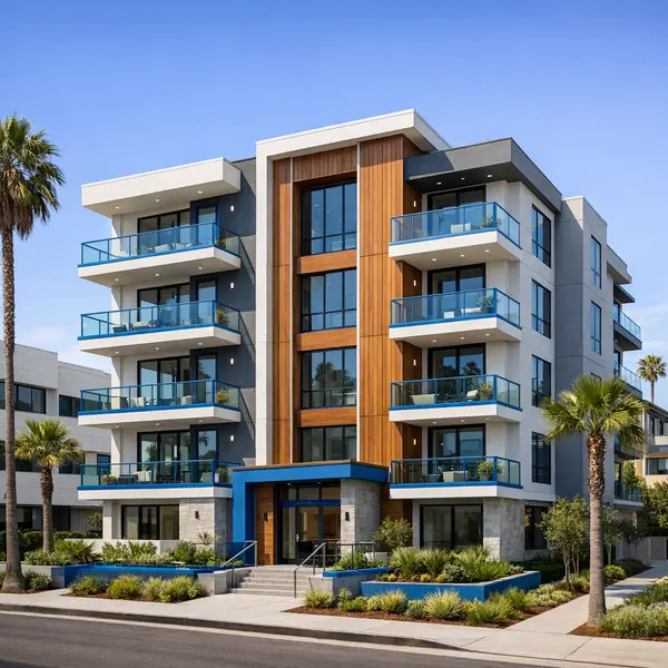 Contemporary new construction building in Los Angeles with modern design and professional finish.
