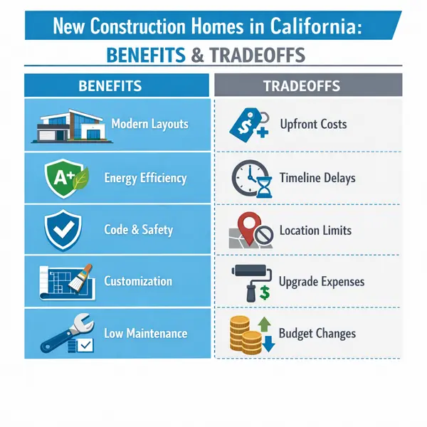 Infographic comparing benefits and tradeoffs of new construction homes California for buyers and property owners