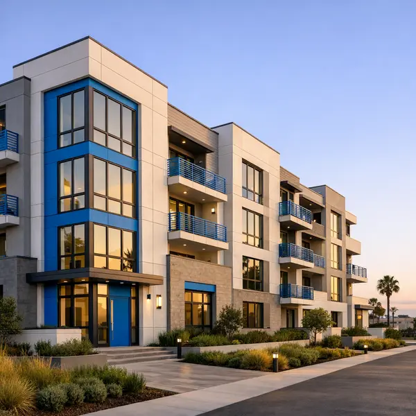Modern new construction in Los Angeles with contemporary finishes and brand color accents.