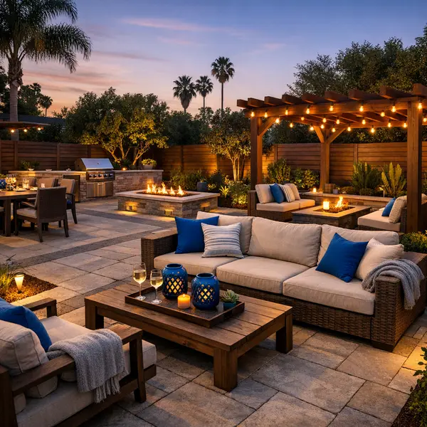 Professionally planned backyard transformation in Sherman Oaks with cohesive living spaces, lighting, and modern features