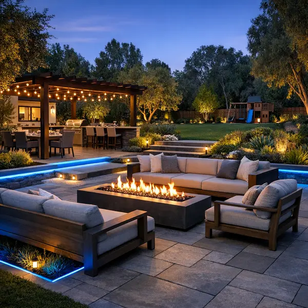 Professionally designed Tarzana backyard transformation with outdoor living zones, seating, and blue accent lighting