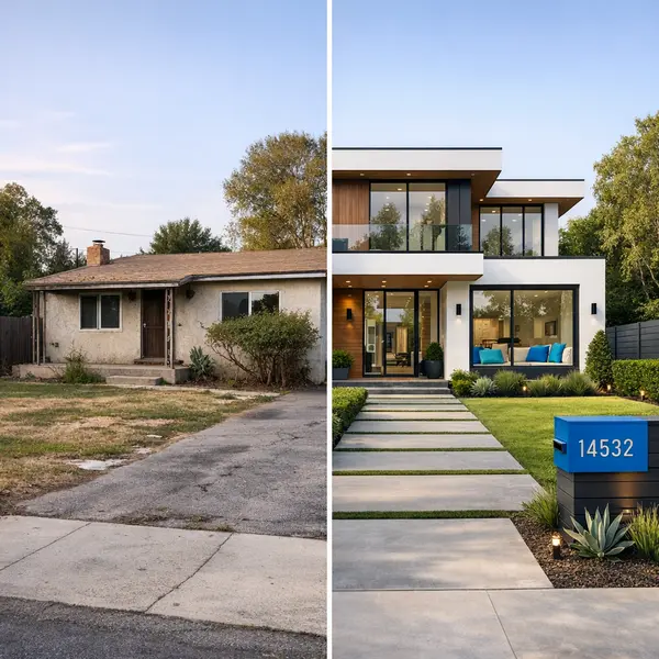 Before and after transformation of a Sherman Oaks property showcasing quality new construction.