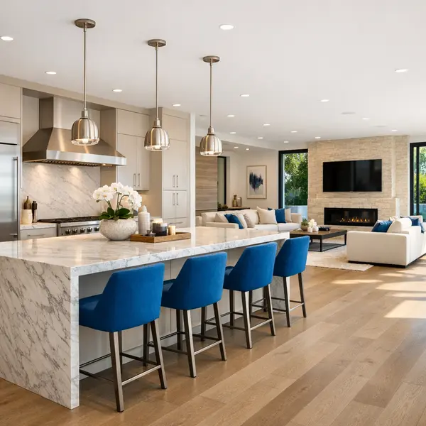 High-end new construction kitchen and living space in Beverly Hills with modern finishes and open layout.