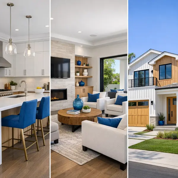 Completed interiors and exterior highlighting new construction quality finishes in Los Angeles homes