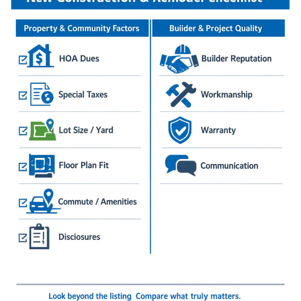 Structured infographic checklist for new construction developments near me, comparing builder quality, HOA fees, and evaluation criteria