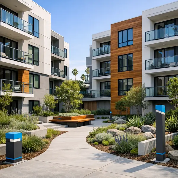 Modern residential courtyard and balconies in new construction developments near me, featuring sustainable design.