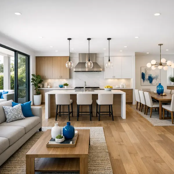 Modern open floor plan inside a new construction Los Angeles home with natural light and high-end finishes