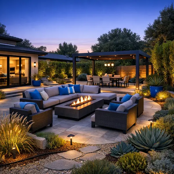 Professionally designed backyard transformation in Los Angeles with lounge, fire feature, lighting, and drought-tolerant landscaping.
