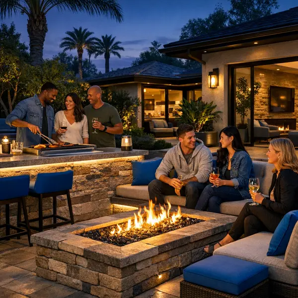 Modern outdoor kitchen, BBQ & fire pit with people enjoying a well-lit stone living space