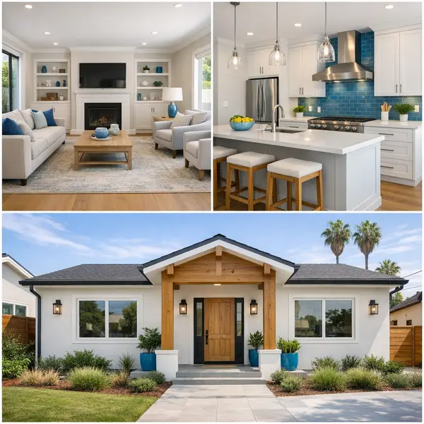 Collage of freshly painted home interior and exterior spaces, highlighting quality home painting services and craftsmanship.
