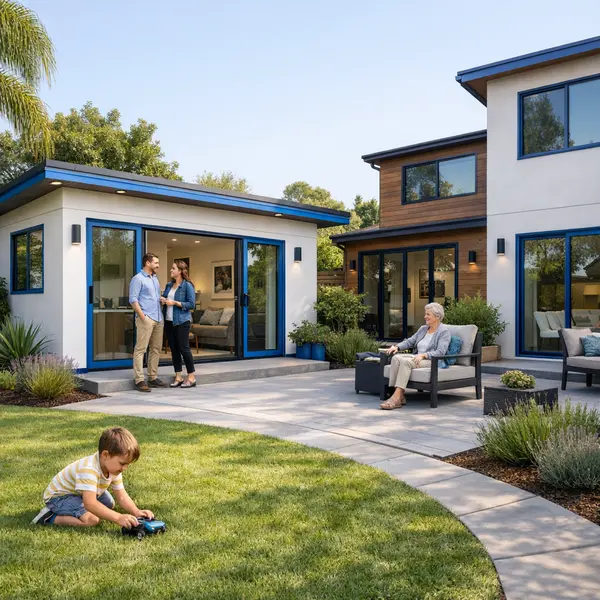 Backyard accessory dwelling unit beside a contemporary home, highlighting accessory dwelling units ADU California for families