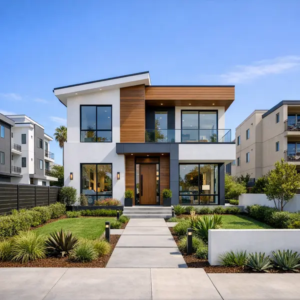 Modern new construction in Los Angeles with pristine exterior and manicured landscaping by Alvapareen Construction