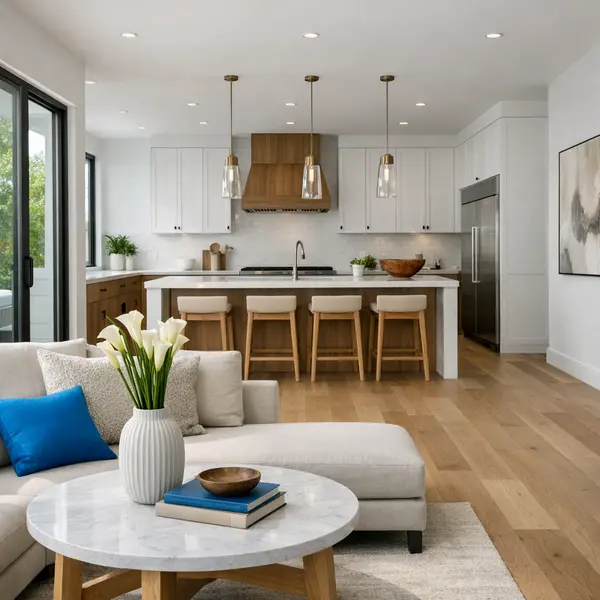 Spacious modern living area and kitchen exemplifying new construction in Los Angeles with clean design and craftsmanship