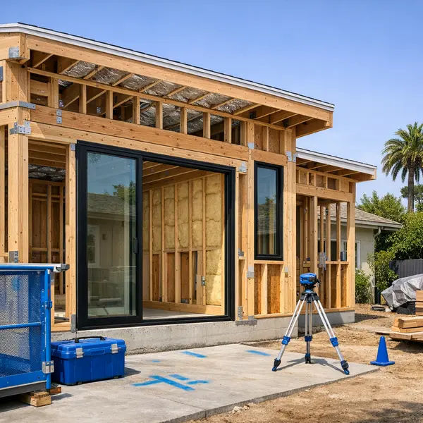 Framing, insulation, and window details on a compliant new construction home in California