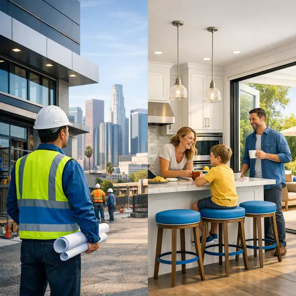 Modern commercial façade and residential kitchen highlight full-service Commercial & Residential construction expertise.