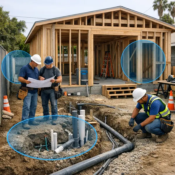 Residential ADU construction site showing ADU requirements like planning, framing, and utility layout in progress.