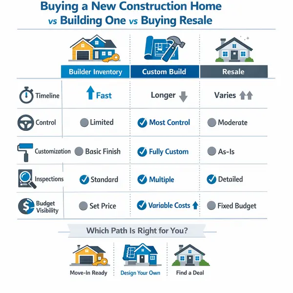 Decision-matrix infographic comparing new construction homes California options for timeline, control, and customization.