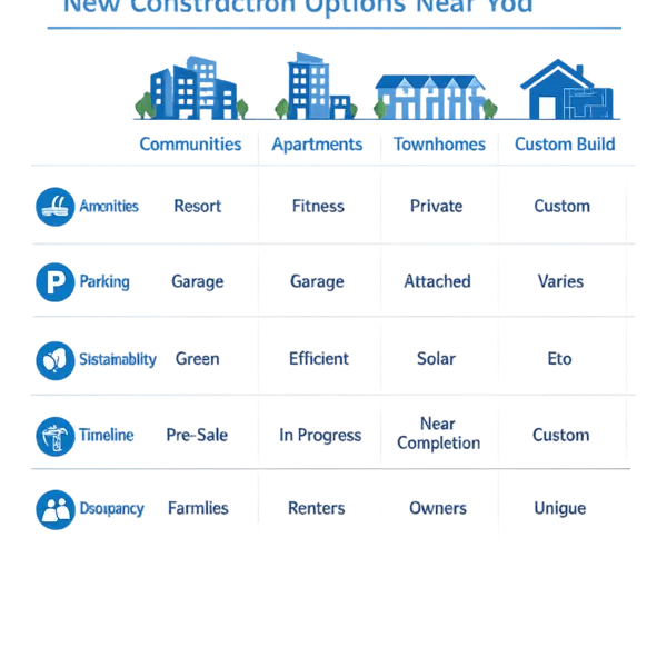 Infographic comparing new construction developments near me options by amenities, parking, and sustainability.
