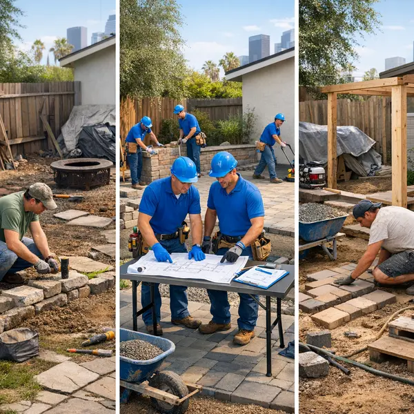 Backyard transformations compared: DIY, professional crew, and low-bid approaches in Los Angeles displayed side by side.