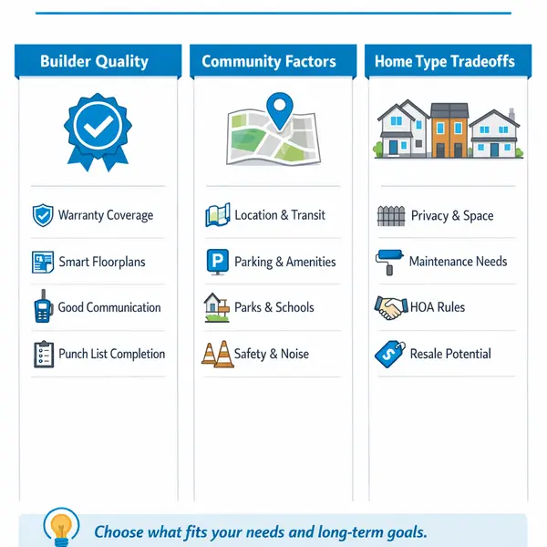 Infographic comparing builder quality, community factors, and home type tradeoffs for new construction developments near me