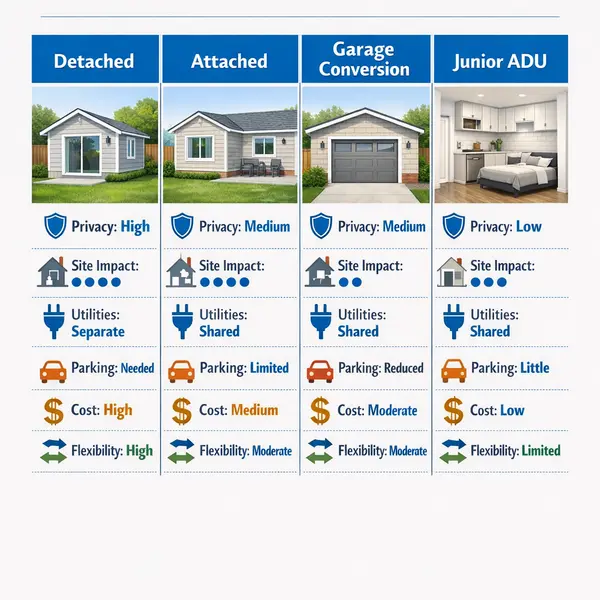 Infographic comparing accessory dwelling units ADU requirements for detached, attached, garage conversion, and junior ADU options by privacy, site impact, and utilities