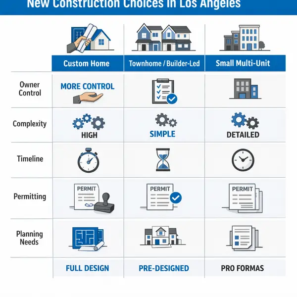 Structured infographic comparing new construction in Los Angeles: custom homes, builder-led, and multi-unit paths side by side.