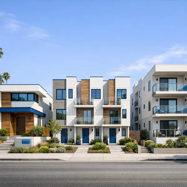 Modern Los Angeles neighborhood showing new construction home, townhomes, and multifamily options
