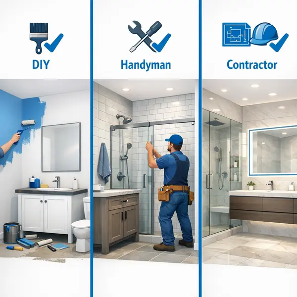 Comparison of bathroom remodeling by DIY, handyman, and contractor in Los Angeles highlighting expertise and finish.