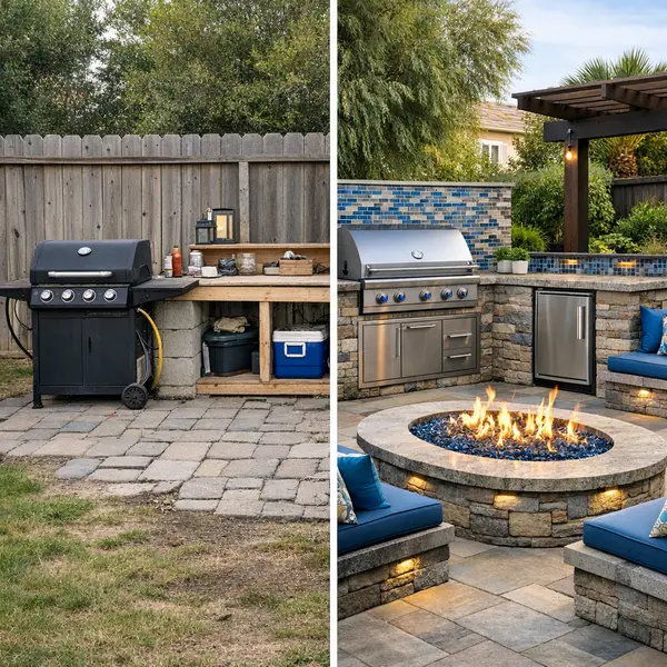 DIY and professional Outdoor Kitchen, BBQ & Fire Pit quality comparison in a backyard setting