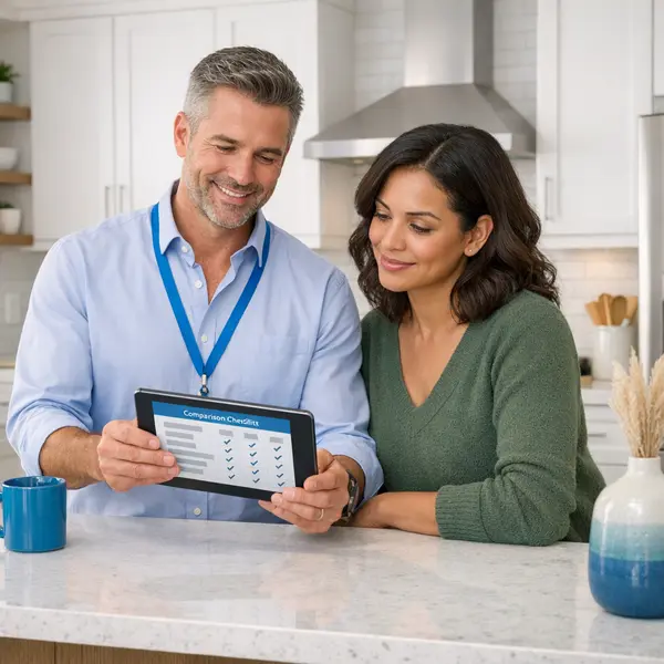 Kitchen remodeling contractor and homeowner reviewing a project checklist together in a modern Los Angeles kitchen