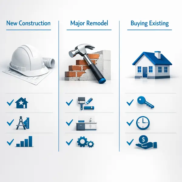 Three-column comparison graphic showing new construction, remodel, and buying options for Beverly Hills properties.
