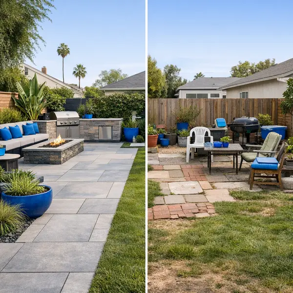 Split backyard view comparing professional backyard transformations to mismatched DIY projects in Agoura Hills