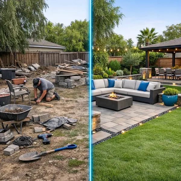 A Tarzana backyard split to show DIY clutter and a professional backyard transformation with coordinated landscaping and patio.