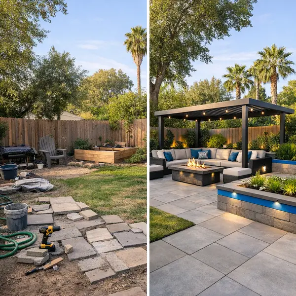 Split view showing DIY vs. professional backyard transformations in Sherman Oaks for LA homeowners