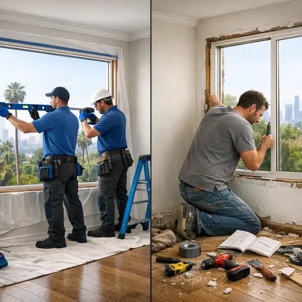 Side-by-side professional and DIY window & door replacement with clear quality differences shown in each setup.
